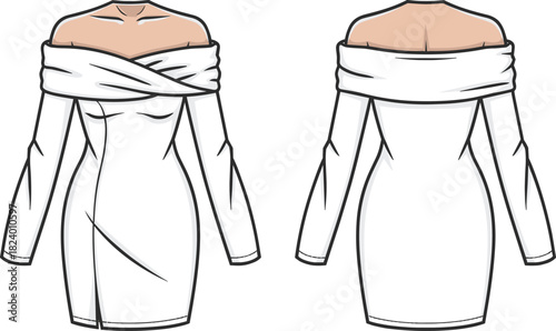 Cad drawing flat vector illustration, off-shoulder mini dress design, fashion sketch, technical garment outline, draped neckline, fitted silhouette