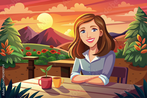 vector of A woman is smiling while sitting at a table outside on a warm evening with a beautiful sunset behind her and a pleasant view.
