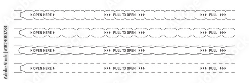 Perforated tear strips with border lines set for open here package instruction, vector templates. Pull to open tear strip lines for paper labels of box packaging or envelope opening secure seals