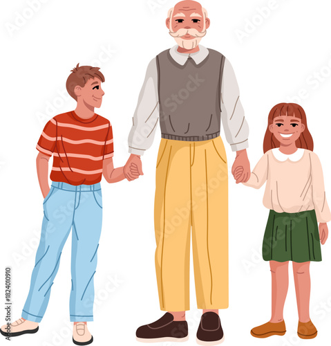 Happy cartoon family with kids and grandfather in casual clothing. Loving grandpa holding hands with his grandchildren, symbolizing happiness. Warm vector family portrait with love and connection