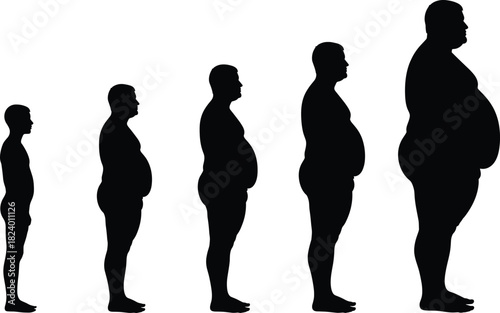 Male body silhouette progression, black vector illustration, weight gain concept, obesity stages artwork, minimal graphic design, health decor asset
