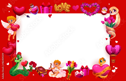 Valentine day greeting card frame with cute cartoon cherubs and snake characters proposing with flowers, hearts, balloons, potions and romantic decorations. Vector template for love messages and notes