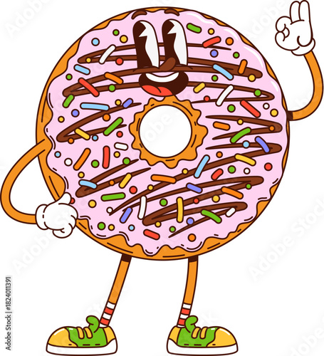Cartoon groovy donut character for sweet dessert and bakery pastry, vector funny personage. Groovy donut character with chocolate and berry icing and sprinkles with OK cool gesture and funky smile