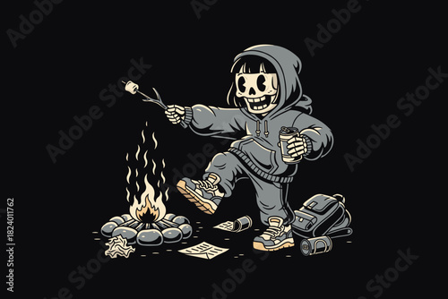 Skeleton child in hoodie roasting marshmallow over campfire.