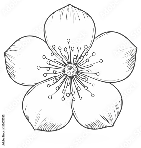 Detailed black and white sketch of a blooming flower with five petals and intricate stamen