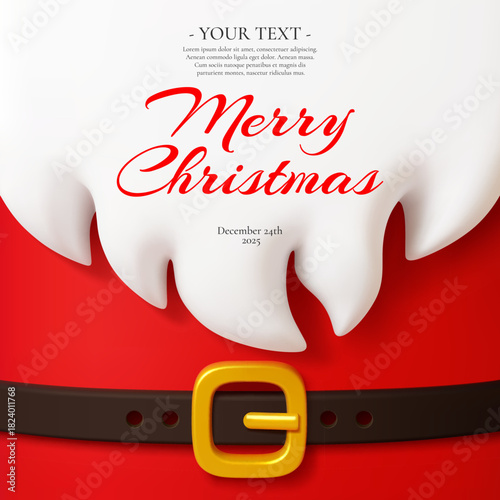 3d Christmas greeting card with realistic Santa suit details of red background, white beard and golden belt buckle. Vector Merry Christmas and Happy winter holiday greetings on Santa Claus white beard