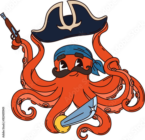 Octopus corsair pirate cartoon adorable character. Ocean underwater animal pirate cheerful vector mascot, octopus corsair pirate cute character with tricorn hat, flintlock pistol and cutlass sword