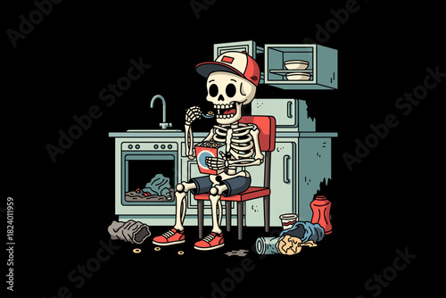 Skeleton playing ukulele in a kitchen setting.