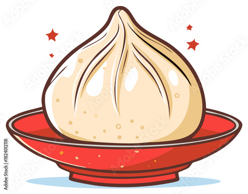 Steamed soup dumpling in red ceramic dish with stars, dim sum illustration, cartoon vector