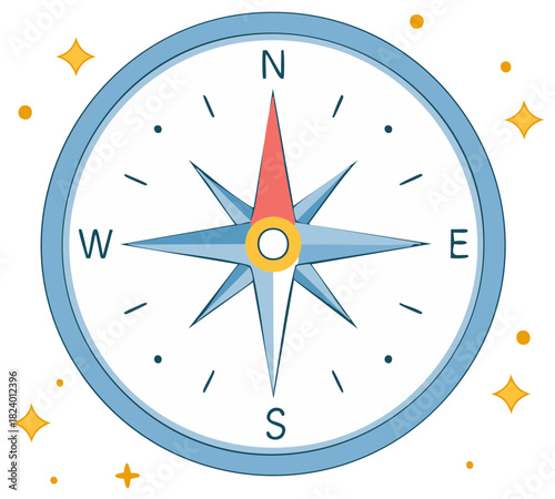 Cartoon Compass with Nautical Star and Sparkles Navigation Directional Tool