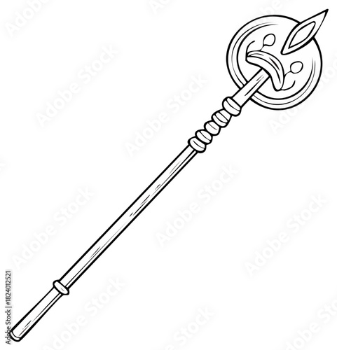 Stylized outline of a ceremonial scepter with decorative head, fantasy artifact or wizard's staff in linear design, black on white