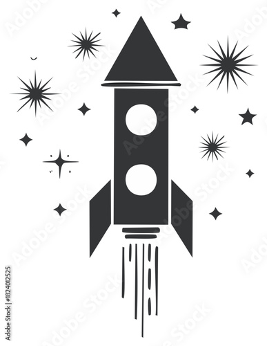 Stylized rocket ship blasts off amidst sparkling stars and nebulae in a dark, abstract space scene.