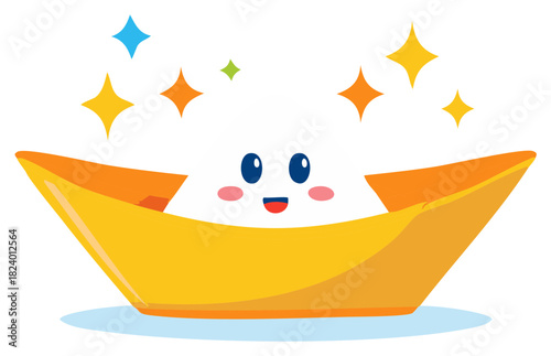 Cartoon Golden Boat with Smiling Cloud Face and Sparkling Stars Symbol of Wealth