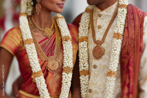 Traditional Indian wedding couple in elegant bridal attire, captured in warm, intimate portraits with rich details, jewelry and ceremonial clothing. Authentic, emotional and vibrant imagery. ai