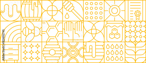 Honey and beekeeping pattern. Modern linear apiary production grid. Vector background with honey jars, bees, hives, hexagon cells, sun, drops, flowers and tools in golden yellow outline squares