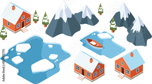 Isometric winter landscape illustration set with snowy cabins, pine trees, frozen lakes, icy mountains, and a small wooden boat scene