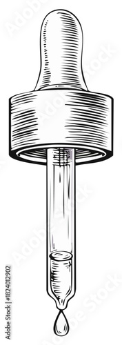 Detailed woodcut style illustration of a glass pipette dropper with a solitary liquid drop falling precision concept