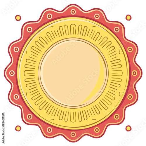 Decorative golden medal with red scalloped edge and inner concentric circles