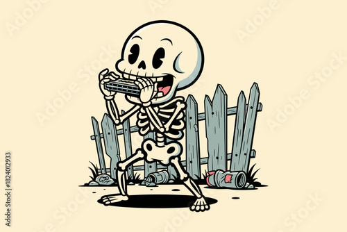 Cartoon Skeleton Playing Harmonica with Joyful Expression.