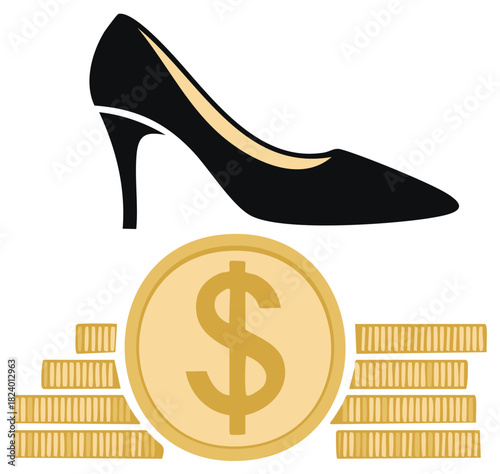 Elegant black high heel shoe with golden dollar coins illustrating fashion, luxury, and spending costs.