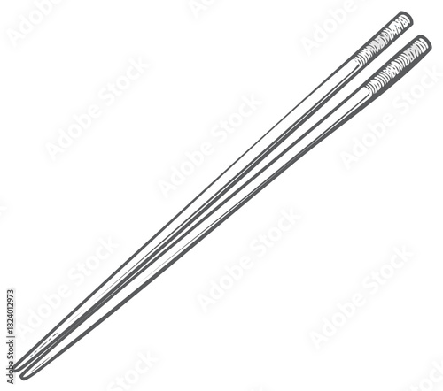 Isolated vector sketch of two chopsticks for eating food with detailed textured ends in grey color