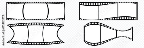 film strip illustration. movie film strip. Film tape vintage icon isolate. 3d flim roll. Abstract Cinematic Film Strip Shapes. Warped Films Strip Frames Collection. Curved Movie Reel Frame Templates
