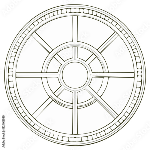 Round window frame illustration featuring radial grid and classical ornamental borders on a simple white plane