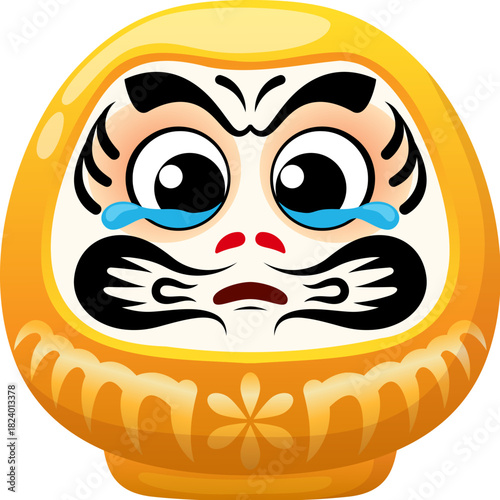 Cartoon Japanese sad crying yellow daruma doll. Japanese culture Bodhidharma face, Japan traditional samurai toy vector character. Asia luck symbol personage or with tears dripping from eyes