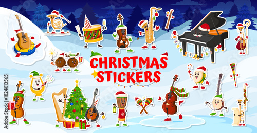 Cartoon winter Christmas music instruments festive stickers pack at Xmas holiday ice rink vector background. Funny guitar, piano, drum and violin music instrument characters with Christmas tree, gifts