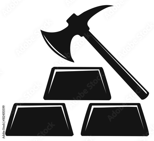 Black silhouette of an axe and gold bars, symbolizing mining and wealth accumulation