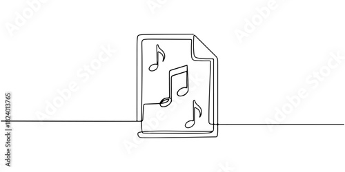 Continuous one line drawing of a music file with musical note symbols, depicting a digital audio file, line art style vector illustration.