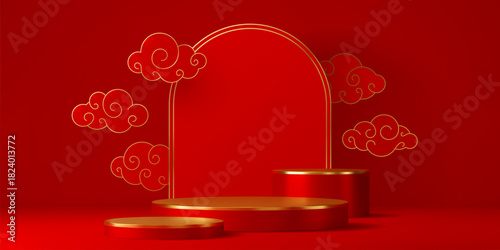 Asian red podium stand with Chinese tall arched frame and swirl clouds float around on a deep red background. 3d Asian vector event pedestal stand with golden trim, traditional oriental round scene