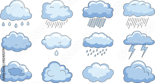 Set of 12 cartoon weather clouds with rain, lightning, storm icons, cute cloud illustrations, hand-drawn style sky symbols