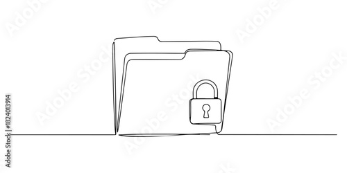 Continuous one line drawing of a folder with a padlock icon, representing a protected or encrypted folder, line art style vector illustration.
