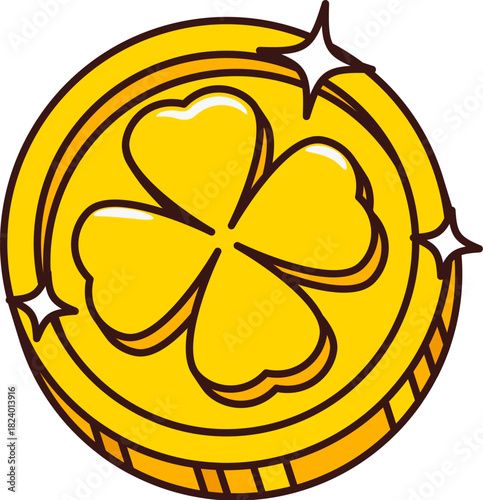 Cartoon groovy St Patrick day golden coin with shamrock engraved, Irish holiday symbol of luck and prosperity. Gold of leprechaun, isolated vector retro coin with clover leaf and sparks on edge