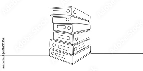 Continuous one line drawing of a stack of tiered folders with labels, depicting an archive management system, line art style vector illustration.