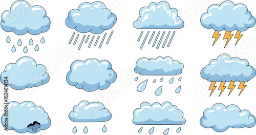 Set of 12 cartoon weather clouds with rain, lightning, storm icons, cute cloud illustrations, hand-drawn style sky symbols