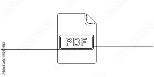 Continuous one line drawing of a PDF file icon with folded corners, representing a popular digital document, line art style vector illustration.