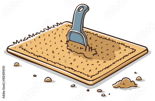 Hand drawn cartoon illustration of a scoop cleaning a cat litter box tray