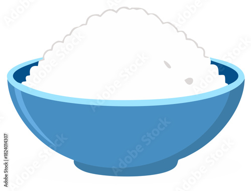 White Rice Abundance in Blue Bowl Graphic, Basic Ingredient of Cuisine, Simple Food