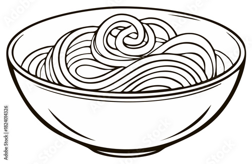 Bowl of noodles or pasta black and white line art illustration for a menu or coloring book