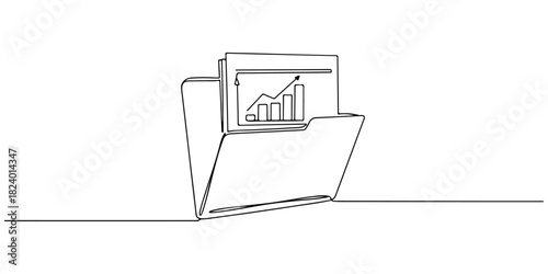 Continuous one line drawing of an open folder with a graph icon inside, depicting a financial report folder or visual data, line art style vector illustration.