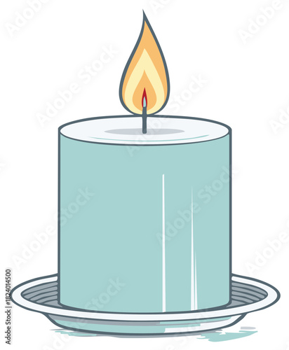 Lit candle with a burning flame on a plate.  Isolated on white