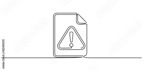 Continuous one line drawing of a file error icon with exclamation mark, depicting a corrupt or problematic file, line art style vector illustration.