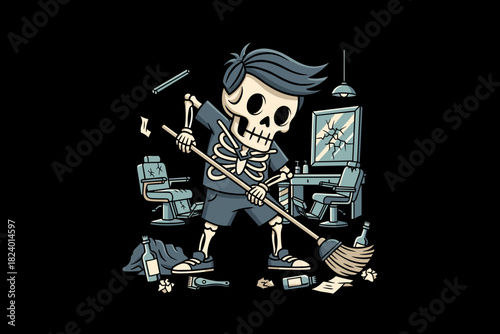 Skeleton character cleaning up a messy room with a broom.