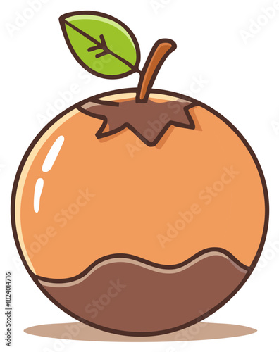 Cartoon illustration of a delicious round fruit dipped in chocolate with a green leaf and stem