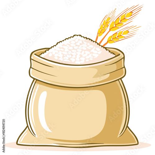 Sack full of Rice with Wheat Stalks vector art illustration representing abundance and organic harvest
