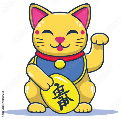 Beckoning fortune cat cartoon icon vector illustration, cheerful waving paw, holding coin