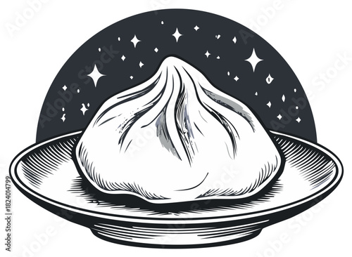 Stylized dumpling on a plate against a starry night sky background illustration