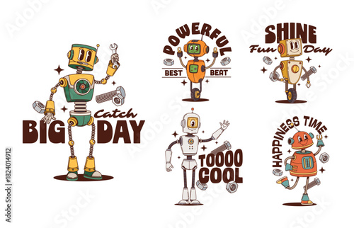 Retro robot groovy characters stickers and vintage droid t shirt prints, cartoon vector. Funny robot characters with happy faces and wrenches, funky droid bot or cyber droid with positive vibe quotes